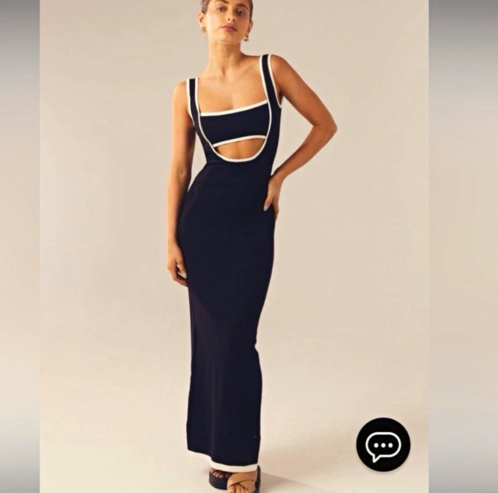 Peppermayo Black White Trim Knit Square Neck Cut-Out Backless Midi Dress size S